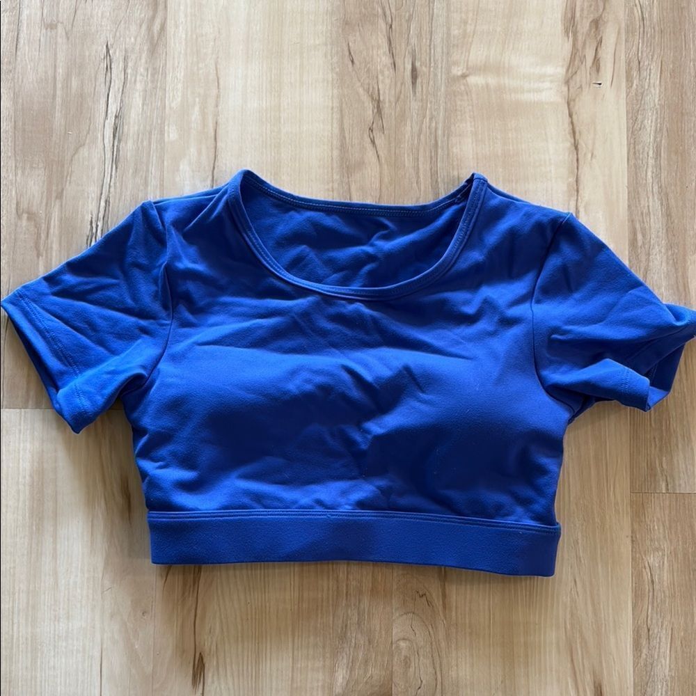 Blue Athletic Workout Short Sleeve Crop Top with bra